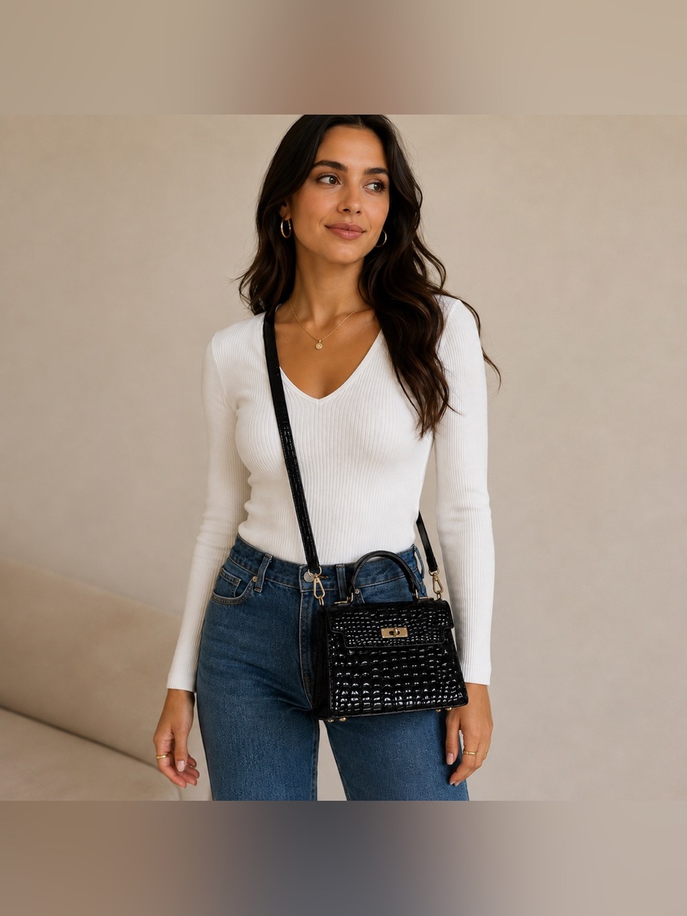 Y2K Black Croc Embossed Patent Mini Handbag Crossbody Top Handle Gold Hardware